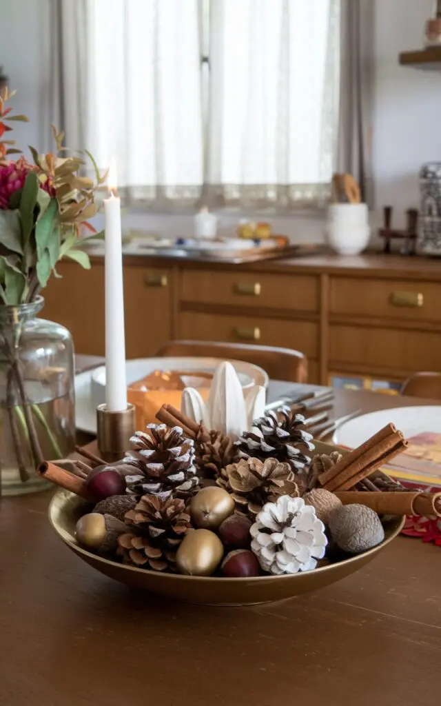 A photo of a mid-century modern kitchen with a dining table. At the center of the table, there are acorns, pinecones, dried leaves, and cinnamon sticks neatly arranged in a bowl. Some of the pinecones have been spray-painted gold or white. The table also has other essentials, including a vase with fresh flowers and a candle. The background contains a window with curtains and a wooden cabinet with drawers.