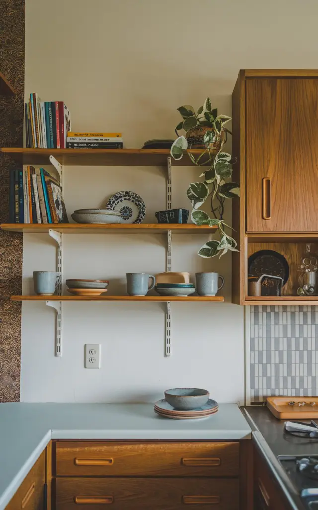 A photo of a mid-century modern kitchen with a few open shelves and wooden cabinets. The open shelves hold books, a plant, ceramic plates, and mugs. The cabinets have a few items. The wall behind the shelves and cabinets has a contrasting pattern. The lighting is soft and filtered.