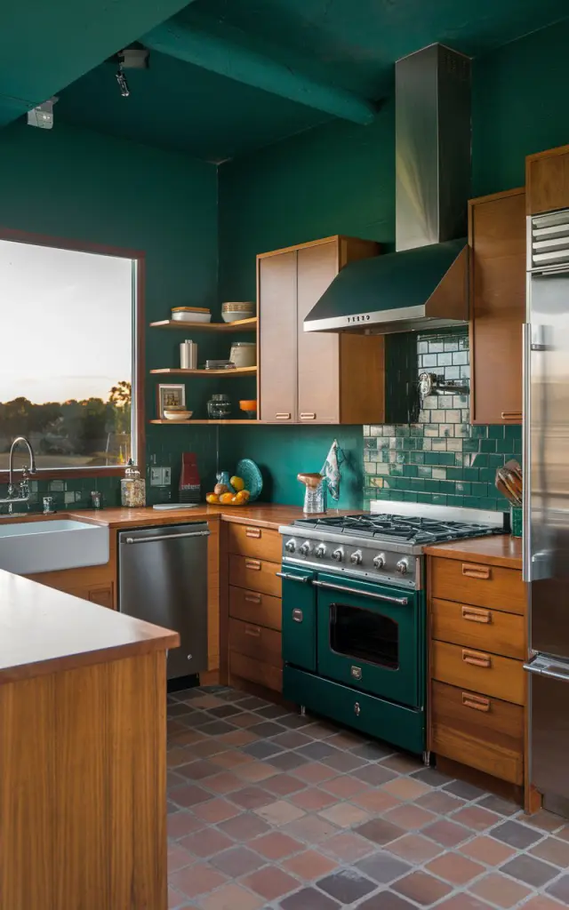 A photo of a mid-century modern kitchen with natural hickory cabinets and deep emerald green walls for a luxurious contrast. The kitchen is fully furnished with a range, oven, refrigerator, and sink. There are also cabinets, a dishwasher, and a sink. The floor is made of terracotta tiles. The lighting is soft and warm, with the sun setting outside the large window.