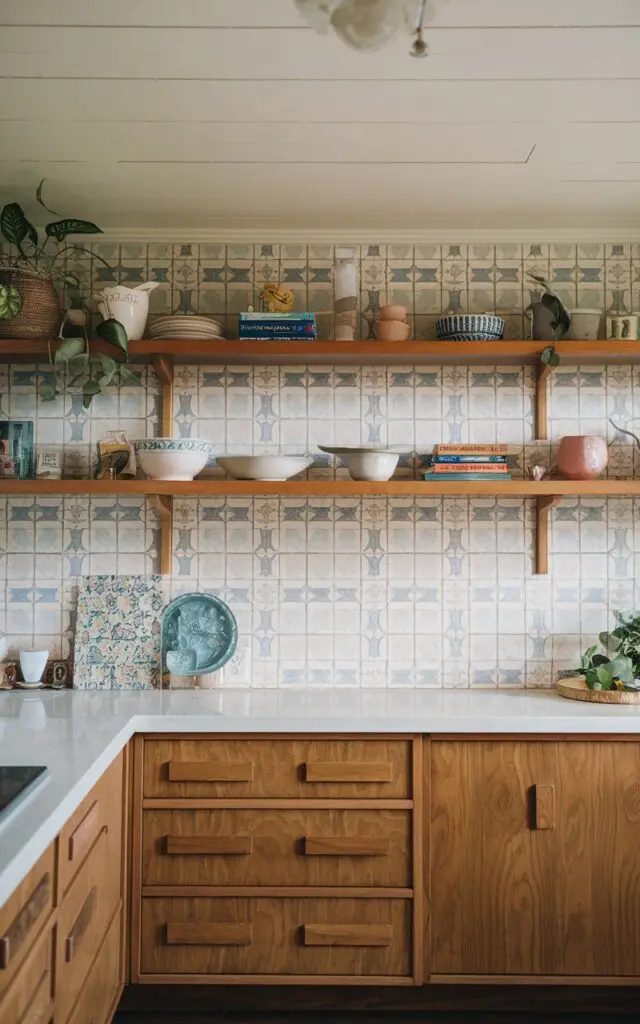 A photo of a mid-century modern kitchen with natural hickory cabinets and open shelves. The shelves have cute dishes, cookbooks, and a few plants. There's a designer backsplash with a pattern of blue, white, and pink tiles. The room has a soft, filtered natural light. The ceiling and floor are fully furnished.