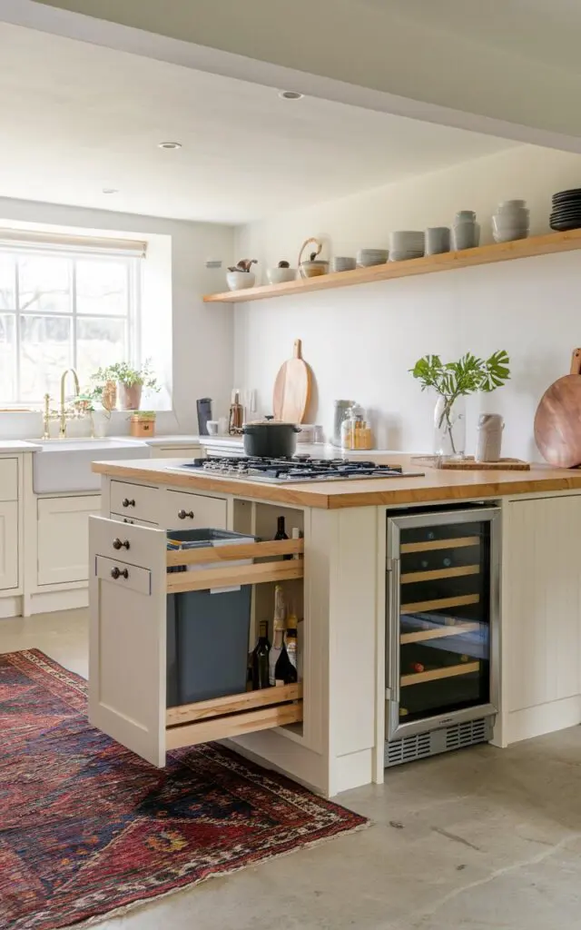 A photo of a minimalistic English countryside U-shaped kitchen with a peninsula attached to the U-shape layout. The peninsula has a pull-out trash bin, cooktop, wine fridge, seating, and other essentials. The floor has a simple Persian rug.