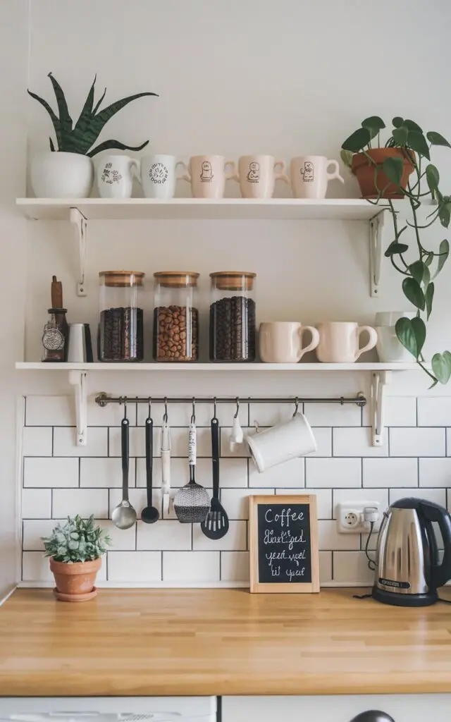 A minimalistic kitchen with an open-shelf Coffee Station. Arrange mugs in a cute row, stash coffee beans in clear jars, and add a tiny plant. Add a small chalkboard with a coffee quote. Show full view of the kitchen