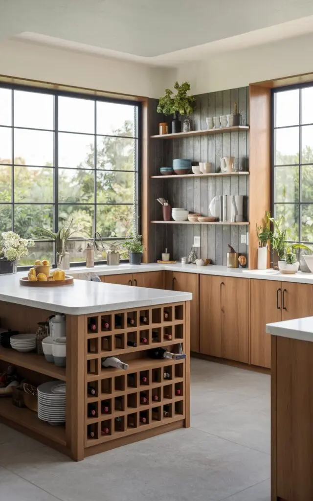 A mid-shot, straight angle view of a modern Asian Zen + farmhouse U-shaped kitchen layout with a continuous flowing peninsula. The peninsula has a built-in wine rack and other functional elements. The kitchen is fully furnished. The background contains a window with a view of greenery.