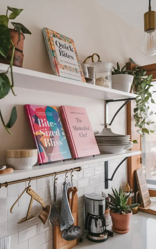 A photo of a modern Boho kitchen with an open shelf displaying three cookbooks: "Quick Bites, Bite-Sized Bliss, The Minimalist Chef, Sizzle & Serve". The books have colorful cover designs with gold italicized titles. The open shelf also holds other essential kitchen items. The kitchen has wooden elements, a few potted plants, and a light fixture made of brass.