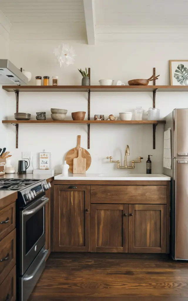 A photo of a modern Scandi kitchen with hickory cabinets in a dark brown tone. There are a few floating shelves with kitchen essentials such as spice jars, bowls, and coffee mugs. The kitchen is fully furnished with a stove, oven, refrigerator, and sink. The walls have white paint and a few decorative items. The floor is made of wood. The lighting is soft and warm.