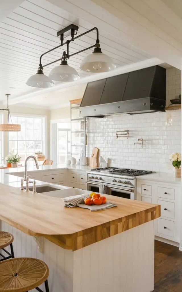 A photo of a modern farmhouse U-shaped kitchen with a butcher block peninsula. The peninsula is a part of the U-shape layout and has appliances such as a built-in sink, cooktop, and a breakfast bar. The kitchen has a farmhouse style light fixture and ceiling. The natural light is filtered.