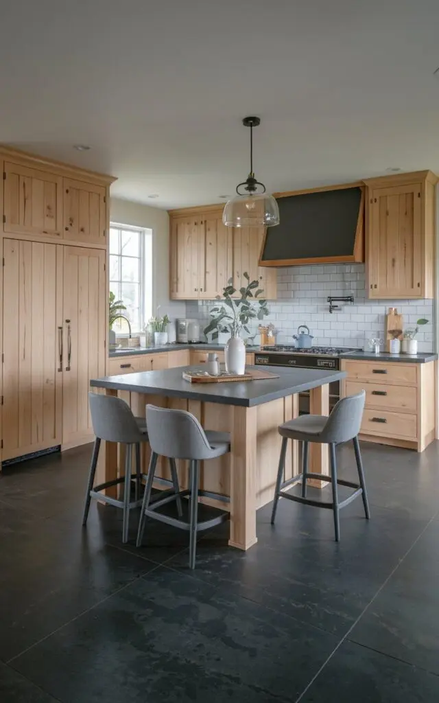 A photo of a modern farmhouse kitchen with natural hickory cabinets and charcoal gray flooring. The kitchen is fully furnished and has an island with grey barstools. The lighting is mild and ambient.