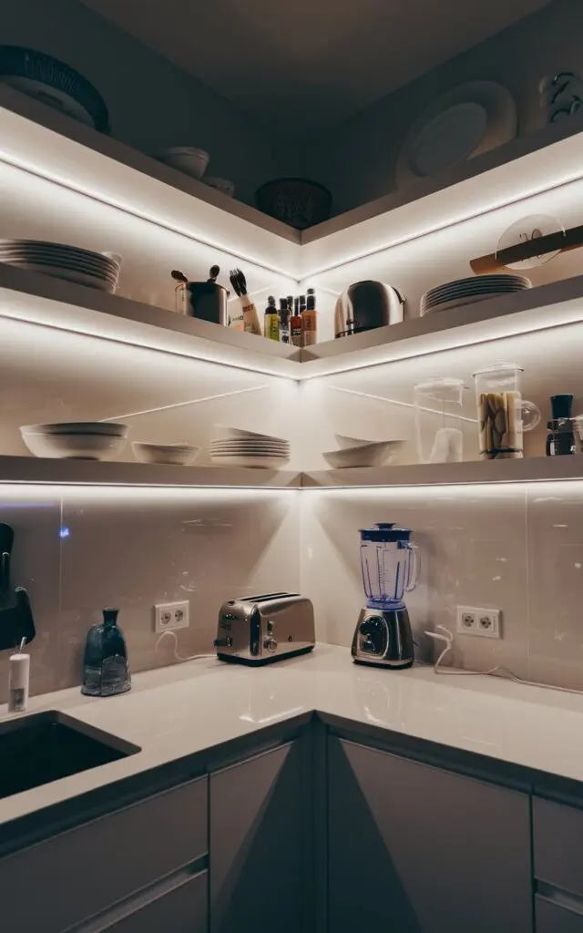 A nighttime photo of a modern glam kitchen with open shelves. The shelves have built-in LED lighting. The kitchen contains essentials like a toaster, blender, and a few dishes. The walls have a glossy backsplash. The photo is a long shot view, capturing the corner angle.