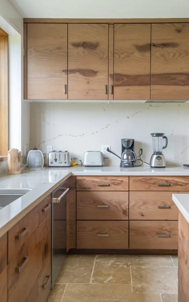 A photo of a modern kitchen with natural hickory cabinets and a white quartz backsplash with subtle veining. There is a light-colored countertop with essentials such as a toaster, a coffee maker, and a blender. The floor has beige tiles. There is a window near the cabinets, letting in natural light.