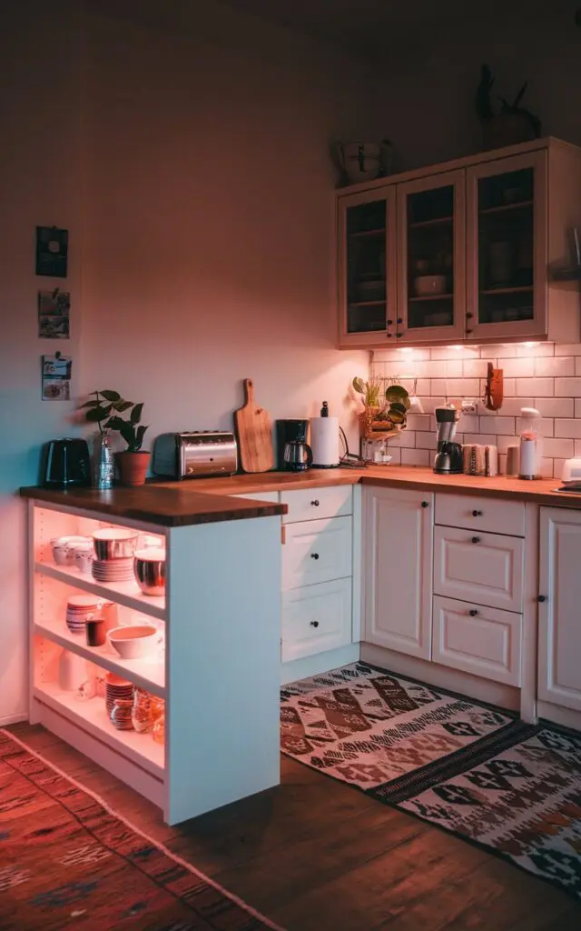 A photo of a modern rustic U-shaped kitchen with a peninsula connected to the main kitchen layout on one side of the wall. The peninsula has warm pink lighting under the cabinets. It is night time. The floor has a patterned rug. The peninsula has essential items such as a toaster, a coffee maker, and a plant.