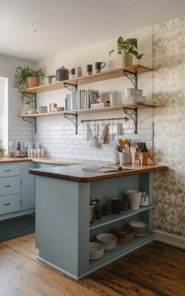 A photo of a modern rustic U-shaped peninsula kitchen with hidden shelves underneath for storage. There are cutlery and other kitchen essentials stashed below the peninsula. The wall on one side of the kitchen has trendy wallpaper. The floor is made of wood.
