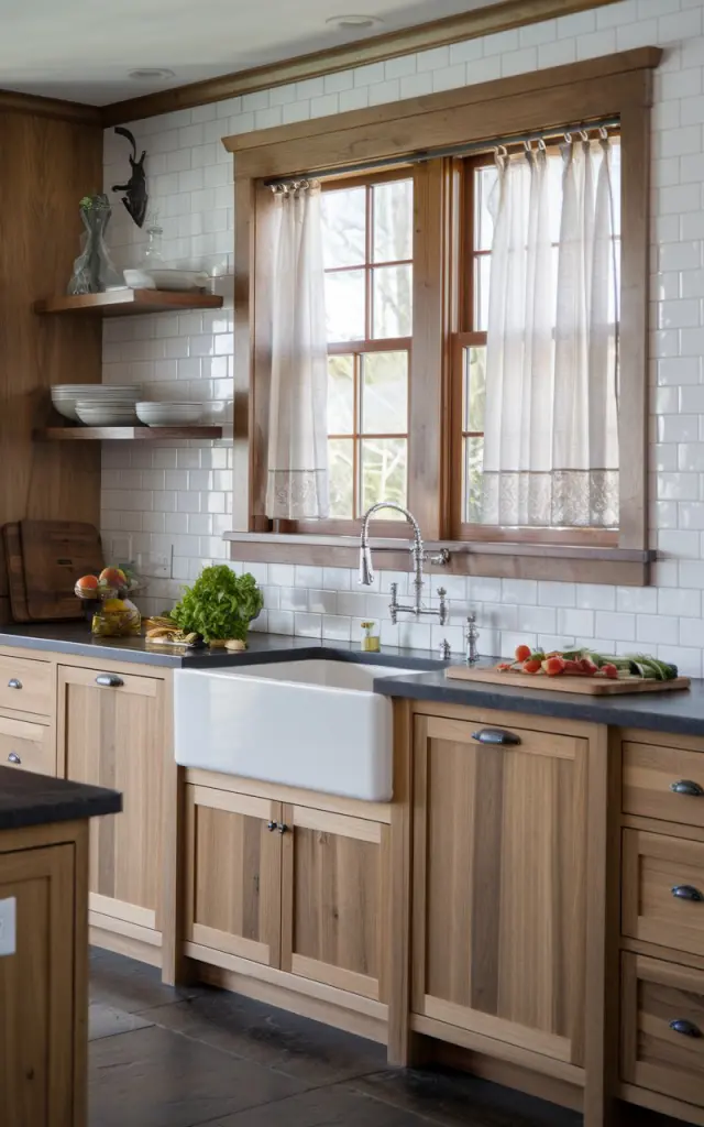 A photo of a modern rustic kitchen with hickory cabinets and hickory-detailed trim on a kitchen window. The kitchen has a white subway tile backsplash and a dark granite countertop. There is a white sink with a pull-down faucet. A wooden cutting board with fresh vegetables is on the counter. The floor is made of large, dark tiles. Sheer curtains are hanging from the window.
