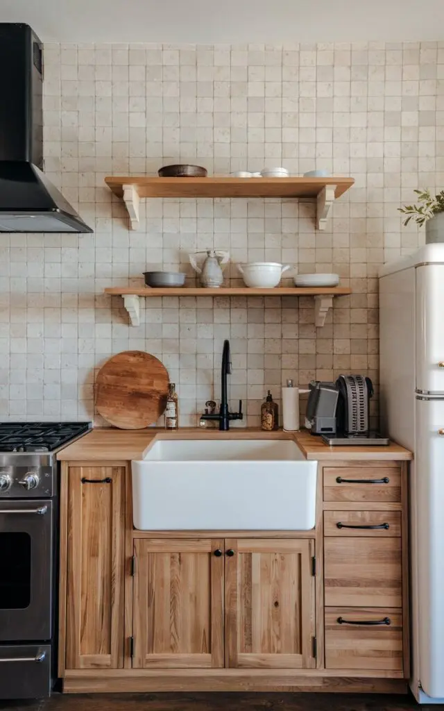 A photo of a modern rustic kitchen with natural hickory cabinets and a beige and gray textured ceramic tile backsplash. The kitchen is fully furnished with a white farmhouse sink, a stainless steel apron-front sink, a black range hood, and a white refrigerator. There's a wooden cutting board on the counter and a few utensils. The lighting is soft.