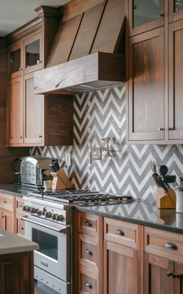 A photo of a modern rustic kitchen with natural hickory cabinets in reddish undertones and a herringbone-patterned backsplash of dark grey and white tiles. The light is focused on the backsplash, which is made of dark grey and white tiles arranged in a herringbone pattern. The cabinets have a reddish undertone and have a rustic design. The counter is fully furnished with a sink, a stove, and various appliances.