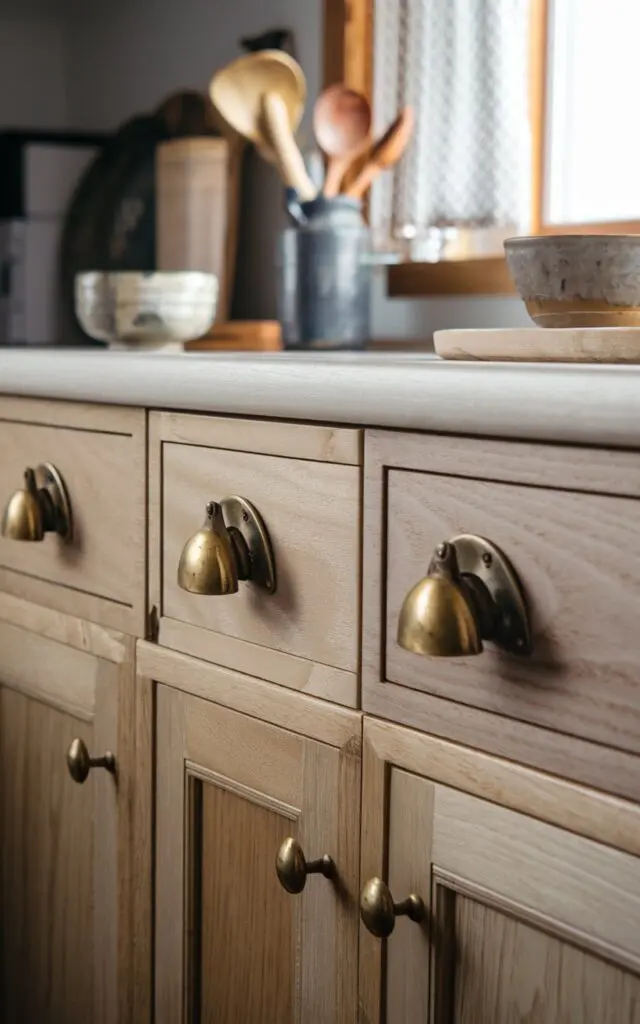 A photo of a modern rustic style kitchen with a few natural hickory cabinets and vintage brass cabinet pulls. The photo is focused on the brass pulls. There are also a few items on the counter, including a ceramic bowl, a wooden spoon, and a citrus zester. The background reveals a window with a curtain. The lighting is soft.