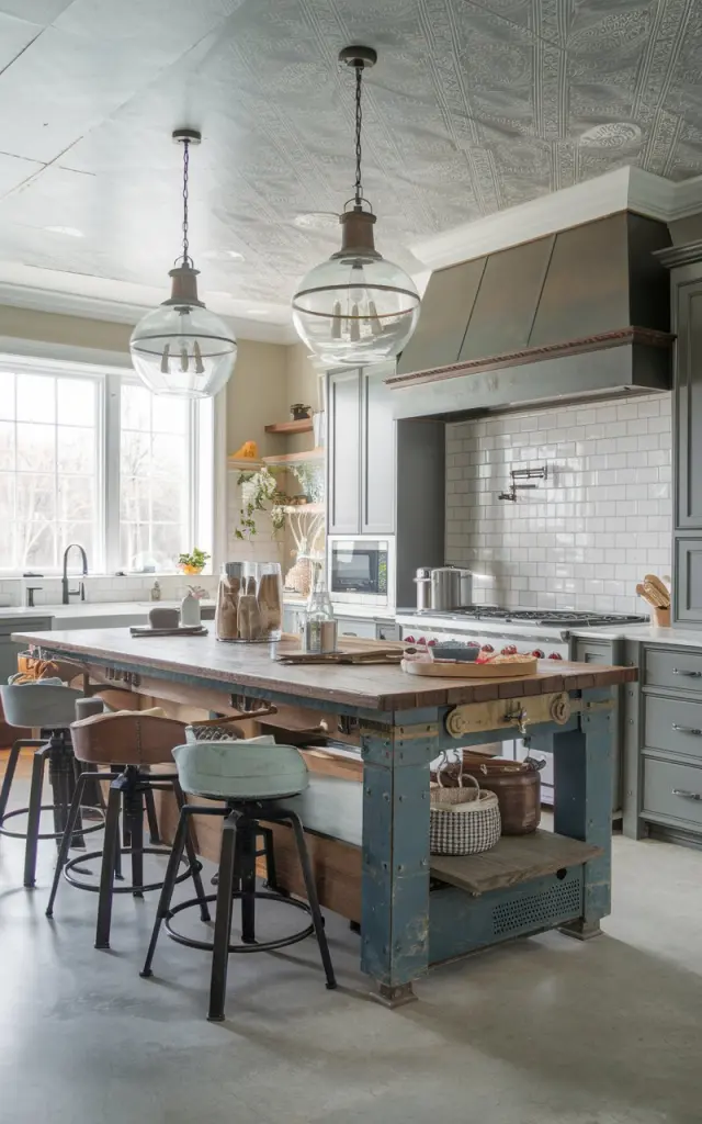 A photo of a modern transitional open concept kitchen with a rustic touch. The kitchen has a large, old workbench converted into an island. The island has a vintage look with antique hardware, bar stools, cabinet pulls, and pendant lights. The ceiling has designer wallpaper. The room is filled with natural lighting that is filtered and diffused.