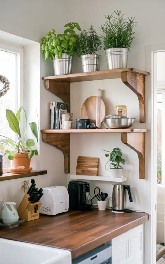A photo of a naturalistic kitchen with walnut wood open shelves. The shelves have potted herbs such as basil, rosemary, or mint. There are also decor items, essentials, and accessories on the shelves. The wooden countertop has appliances and essentials. The background contains a window with plants and a door.