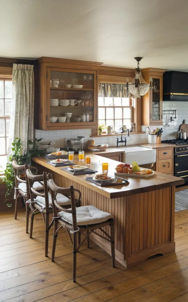 A photo of a rustic U-shaped kitchen with a peninsula extending into the room. The peninsula has a few chairs with cushions for a cozy breakfast nook. Food, drinks are served on the peninsula. The kitchen has wooden cabinets, a white sink, a black stove, and a chandelier. There is a window with a curtain to the left of the peninsula. The floor is made of wooden planks. There is a green plant near the window.