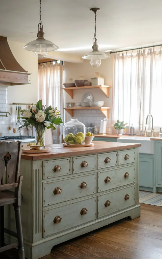A photo of a transitional kitchen with a vintage dresser converted into an island. The island has an antique look with vintage-style pendant lights, hardware, etc. The kitchen and island are fully furnished. Natural lighting is filtered through curtains.