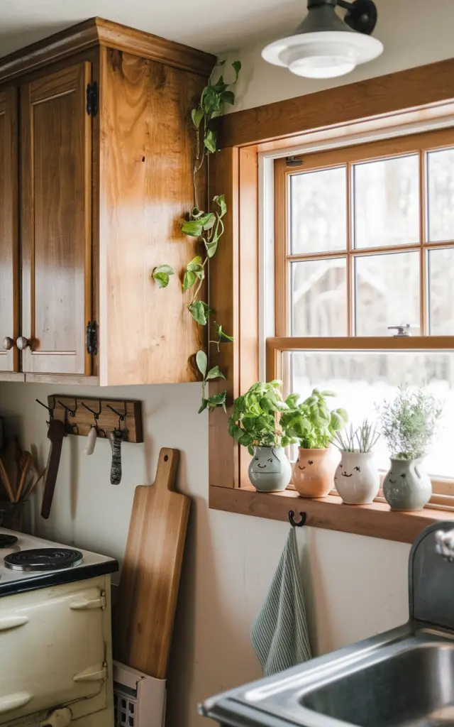 A photo of a rustic kitchen with natural hickory cabinets and a hickory-trimmed window. There are a few herbs (basil, thyme, rosemary) kept in small ceramic cute pots on the windowsill. The kitchen has a few green plants placed strategically. The room has a few wooden items, including a cutting board and a spatula. There is a vintage stove and a sink. The background contains a wall with a few hooks and a ceiling with a light fixture. The light is soft.