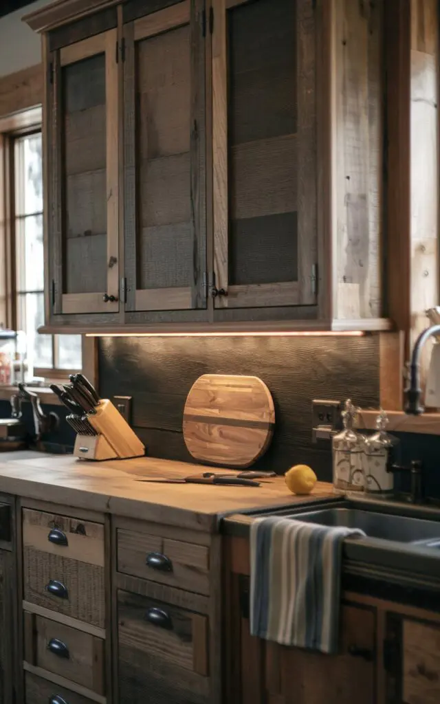 A photo of a rustic kitchen with a dark brown natural hickory cabinet. The cabinets have a recessed lighting underneath, which highlights the wood's texture and natural grains. The counter has essential items such as a knife, a chopping board, and a lemon. The background contains a sink and a window.