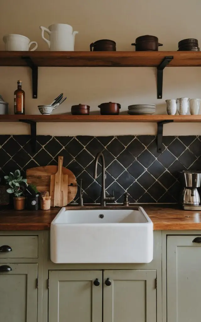 A photo of a rustic kitchen having warm wooden open shelves with sleek black brackets, The shelves contain cutlery, dishware. There is a dark designer backsplash. Natural light is mild and soft.