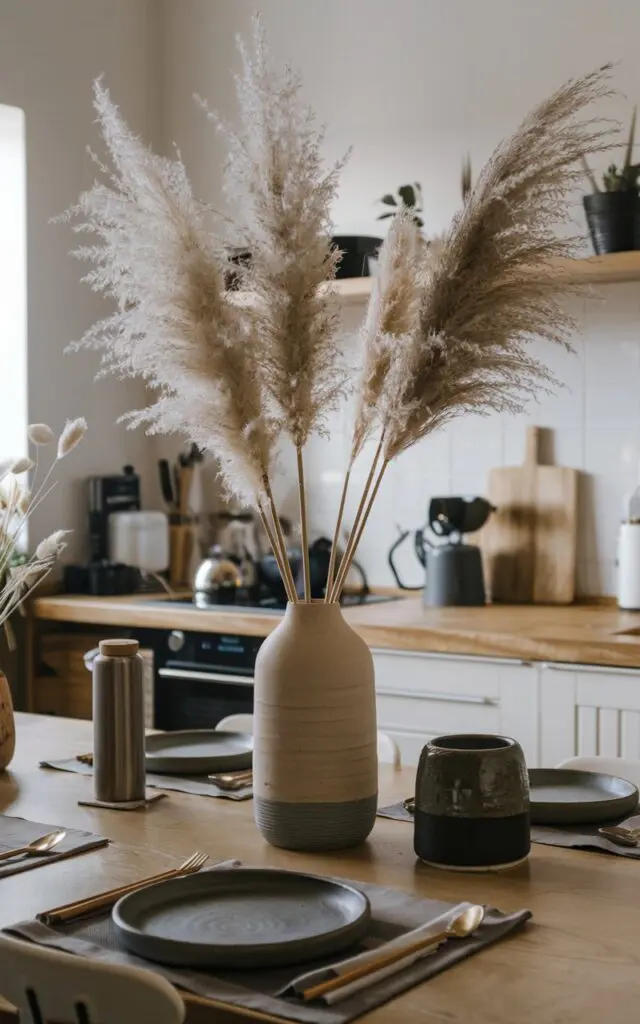 A photo of a rustic-modern Asian Zen kitchen. There is a dining table with a sleek, tall ceramic vase in the center. The vase contains pampas grass. The vase and grass are proportionate to the table. The table has other essential and functional items.