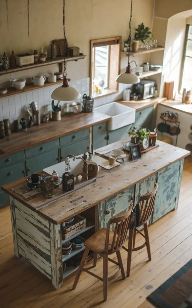 A top-angle view of a rustic and retro open-concept kitchen with a weathered antique island made of reclaimed wood, having visible marks and a weathered look. The island has antique hardware, essentials, and lights. The kitchen has a warm and soft natural lighting throughout the room.