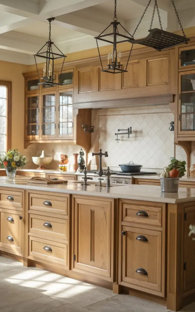 A photo of a traditional and rustic kitchen with hickory cabinets in a Golden Tan shade. The cabinets are paired with a matte black faucet, lantern-type pendant lights, and a hanging pot rack. The kitchen is fully furnished and has a warm, inviting atmosphere. The natural light is diffused and soft, creating a cozy ambiance.