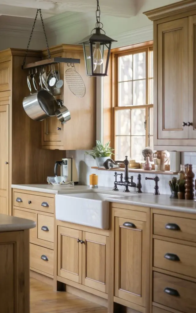 A photo of a traditional, rustic kitchen with a golden tan hickory cabinet. The cabinets are paired with a matte black faucet and a farmhouse sink. The kitchen is fully furnished and has a lantern-type pendant light. The natural light is diffused and soft.