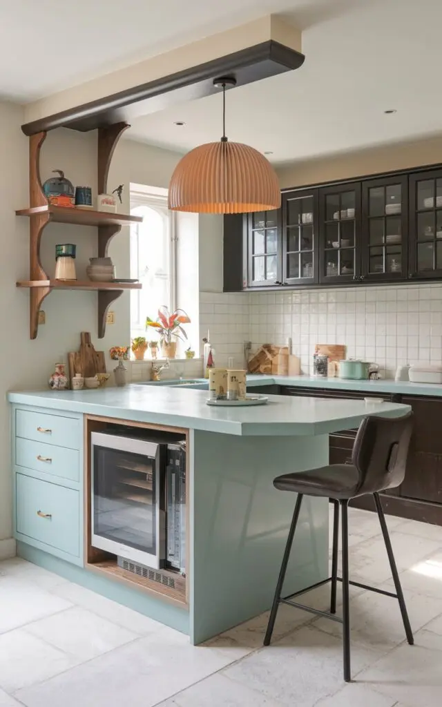 A photo of a transitional kitchen with a U-shape layout and a peninsula. The peninsula has a pastel blue countertop and houses a few appliances. There's a barstool at the peninsula. The peninsula also has a unique pendant light hanging above it. The main kitchen area has dark cabinets and a white countertop. The floor is made of white tiles.