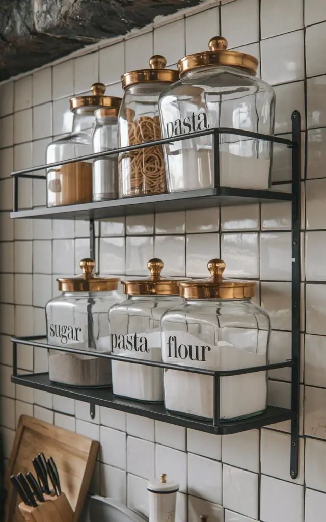 A photo of a wall-mounted black open shelf in a rustic-style kitchen. There are several glass jars with golden lids containing cooking ingredients. The jars have handwritten italicized labels: 'sugar', 'pasta', 'flour', etc. The background contains a rustic-style backsplash with white tiles and dark grout.