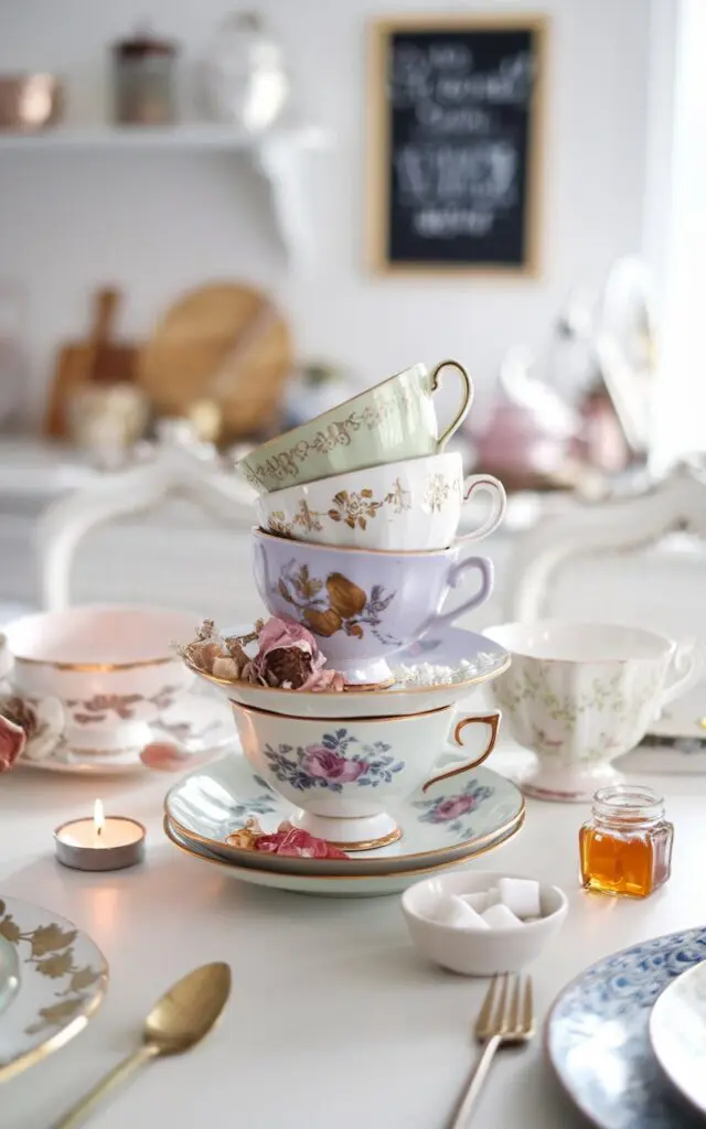 A photo of a whimsical kitchen with a dining table. The table has a centerpiece of mismatched teacups and saucers with delicate floral prints or gold accents. The cups are stacked in an artful, slightly imperfect way. There are tiny flowers, dried herbs, or candles inside the cups. The table has other elements, such as a tealight candle, a small bowl of sugar cubes, and a small jar of honey. The background has a chalkboard with a message.