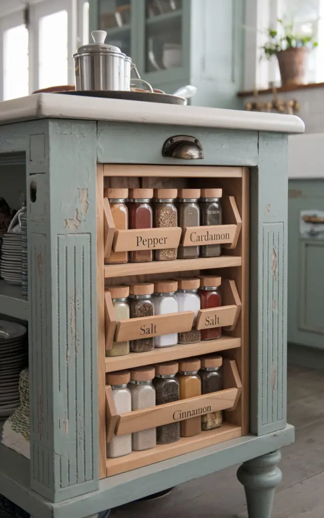 Add a built-in spice rack with labelled spices such as 'pepper, cardamon, salt, cinnamon' to an antique kitchen island. The island has antique finish in appliances, counter and essentials. The kitchen has coastal touch with soft muted natural lighting. Show closer view of the spice rack.