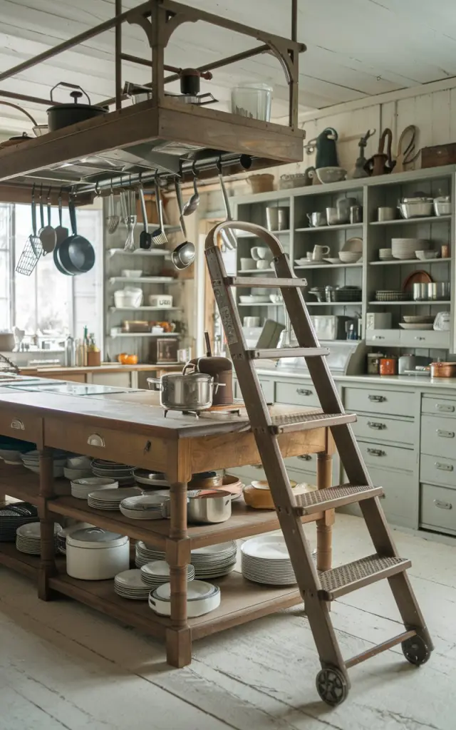 A photo of a fully furnished antique kitchen with a rustic aesthetic. There is a large wooden kitchen island in the middle of the room. A rolling ladder is placed beside the island. The ladder has a wooden frame and metal steps. The kitchen has various kitchen utensils, pots, and pans hanging from the ceiling. There are also cabinets filled with dishes and other kitchen items.