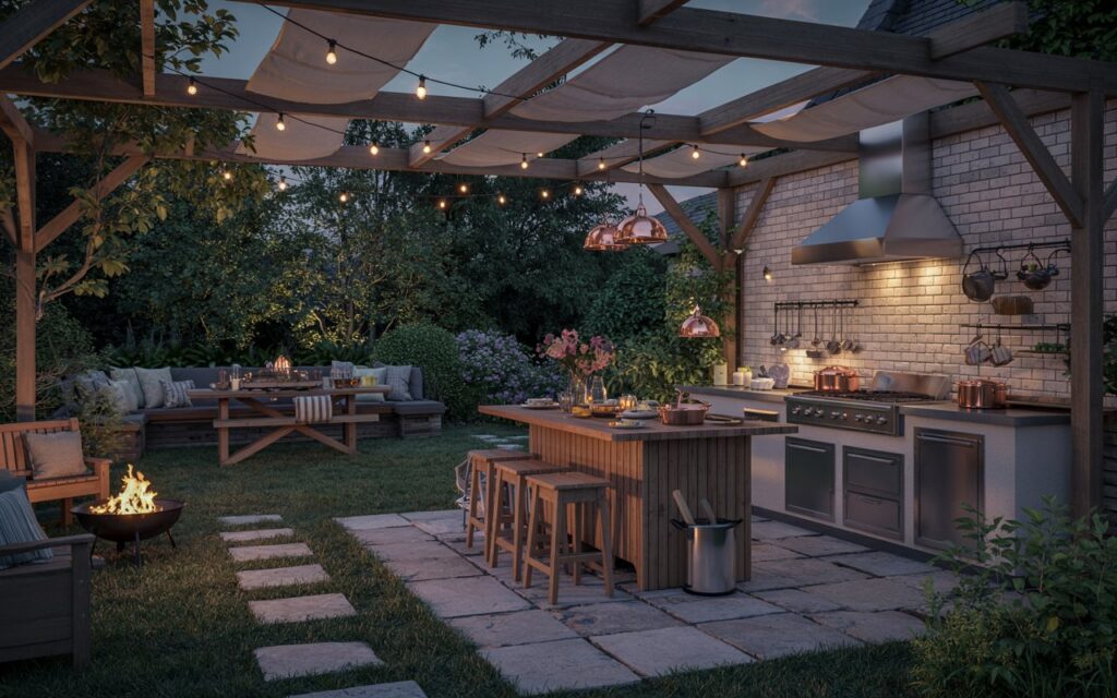 A photograph of an English countryside backyard kitchen in the evening, featuring all essential cooking and entertainment elements. The kitchen is centered with a large, wooden island adorned with copper pots and hanging herbs, surrounded by a cozy seating area with a fire pit. The pergola overhead has retractable shades, and the entire space is illuminated by warm string lights creating a soft, inviting glow. A separate dining area with a rustic wooden table and bench is set in the background, with lush greenery and a stone pathway leading to it, enhancing the spacious and cozy atmosphere.