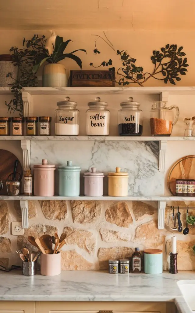 A photo of an English countryside kitchen with a golden hour lighting. There is a marble open shelf with matching containers. The shelf has "sugar, coffee beans, salt" stored in glass jars with labels written on them. There are colorful spices and pantry staples. There are ceramic canisters in monochrome pastel colors. There is decor, including a mini plant. The kitchen has a natural stone backsplash. The countertop has essentials. The overall image has a warm, golden hue.