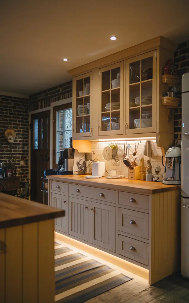 A photo of a night-time English countryside kitchen with a few natural hickory cabinets and warm under-cabinet LED lighting. The kitchen and countertop are fully furnished, with appliances and utensils neatly arranged. There is a recessed ceiling light with an LED bulb. The background contains a brick wall and a door.