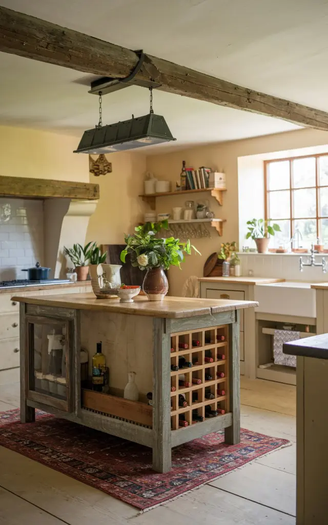A photo of an English countryside kitchen with an antique island and a built-in wine rack. The island has a rustic finish and is made of wood. There is an antique rug beneath the island. The kitchen has traditional elements, such as a wooden beam across the ceiling and a ceramic sink. There are also potted plants in the room. The lighting is warm and ambient, with natural light coming in through a window.