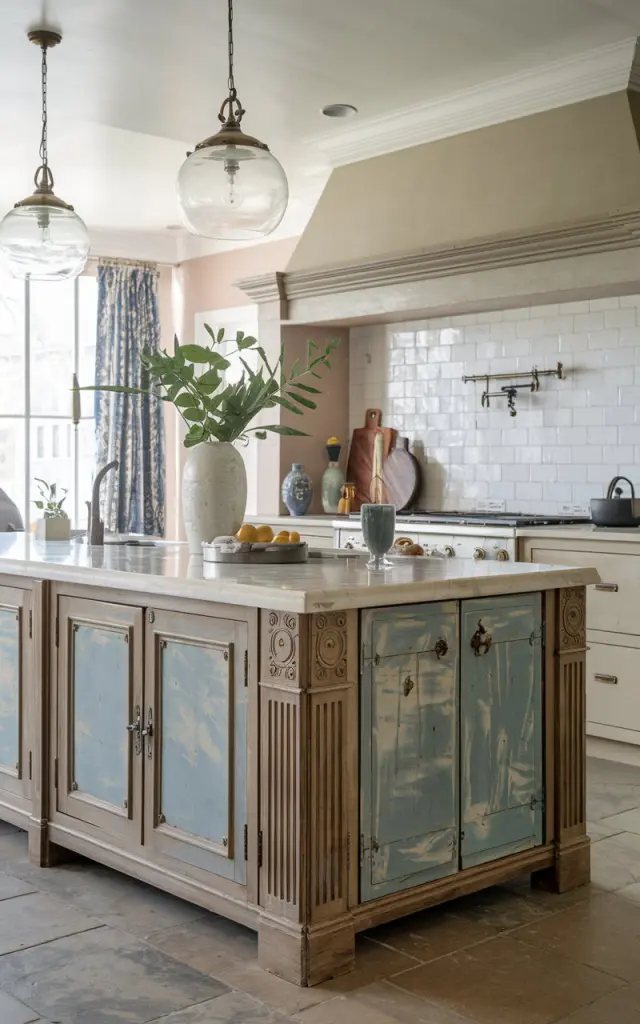 A photo of an antique kitchen island with distressed finish. The countertop is made of marble. The island has antique elements such as panelled doors and vintage hardware. The kitchen has a glam + transitional look.