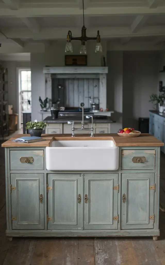 A photo of an antique kitchen island with a farmhouse sink. The island has a distressed finish, vintage hardware, and a wooden top. The kitchen has a rustic look and is in an open plan concept. The lighting is mild and even throughout the room.