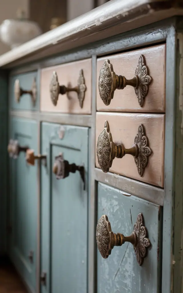 A photo of a closer view of antique ornate brass pulls on distressed cabinets on a kitchen island. The pulls have intricate designs and are in varying states of distress. The background is blurred, revealing a worn wooden surface.