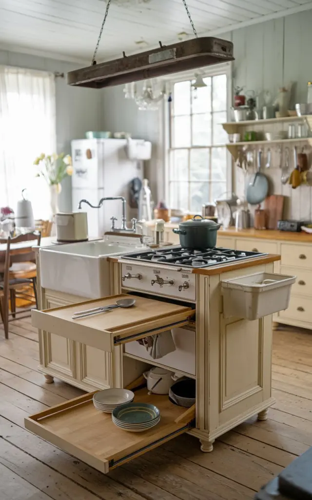 A photo of an antique kitchen island with a pull-out cutting board. The island also features a sink, a cooktop, and various other appliances. The kitchen has a Victorian and shabby chic style, with a wooden floor and a rustic chandelier hanging above the island. There are several pots, pans, and utensils placed around the kitchen.