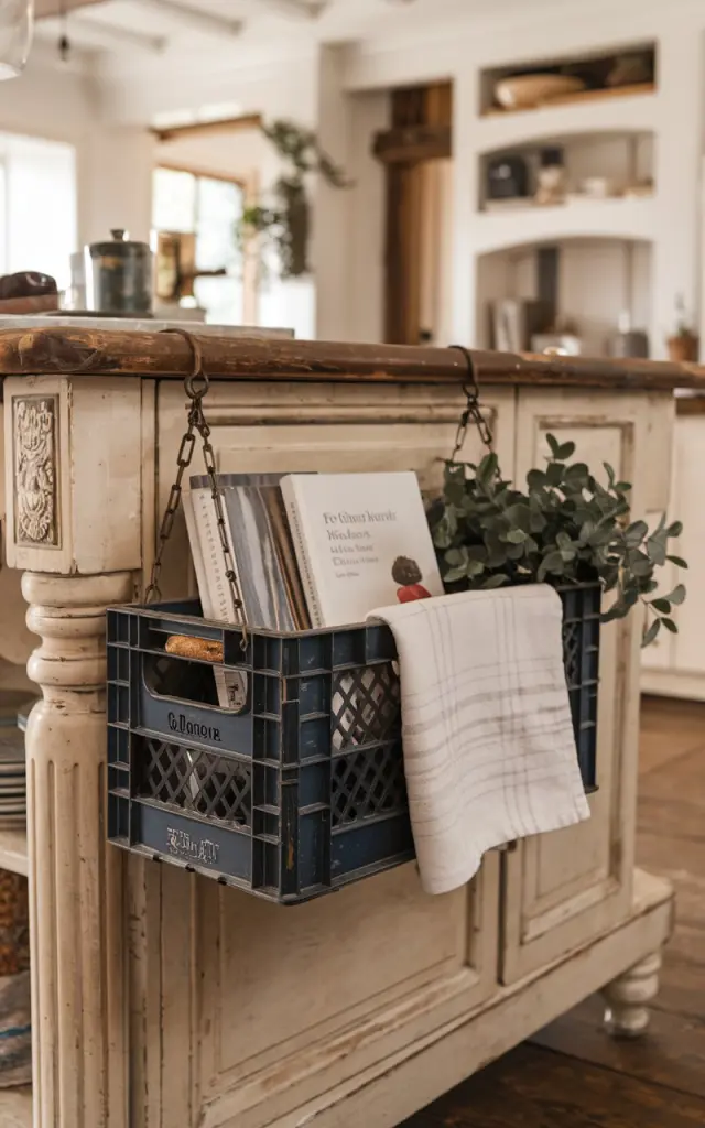 A photo of a vintage crate hanging on the side of an antique kitchen island. The crate contains a white towel, a few cookbooks, and a small plant. The background reveals an open plan kitchen with rustic and chic elements. The overall image has a warm hue.