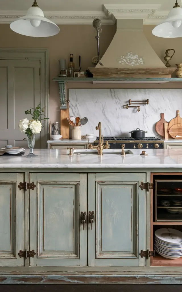 A photo of an antique kitchen with a fully furnished marble countertop on an island. The island has antique elements, such as panelled doors and vintage hardware, and a distressed finish. The kitchen has a glam + transitional look. There are various cooking utensils and decor items on the countertop. The background contains a wall and a door.