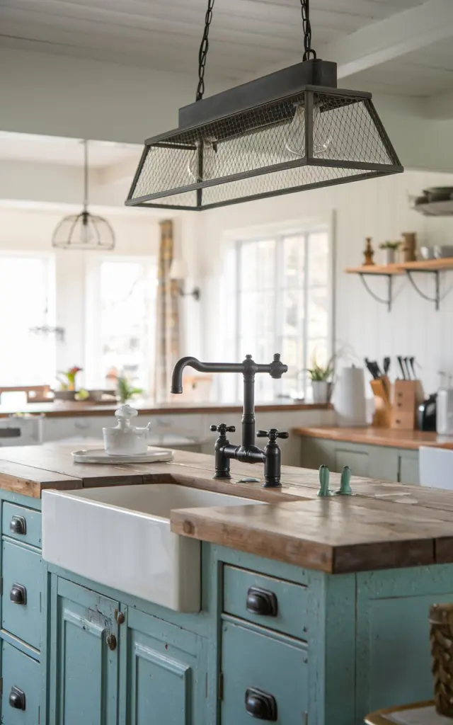 A mid-shot photo of an antique kitchen island with a black metal faucet and a metal linear pendant light. The countertop is made of reclaimed wood. The kitchen is part of a cottagecore-style open plan kitchen. The lighting is filtered natural light.
