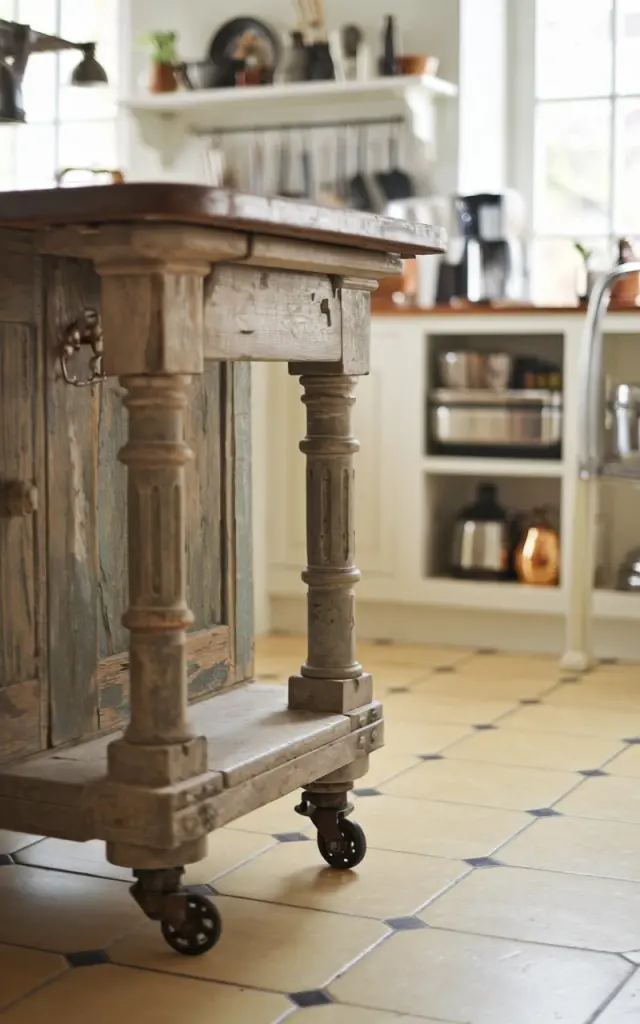 A photo of a closer view of the casters of an antique kitchen island. The island is made of wood and has a rustic, weathered appearance. The casters are small, round, and have a dark color. The island is placed on a beige, checkered floor. The background reveals a fully furnished kitchen with a few appliances and utensils, as well as a window with natural lighting.