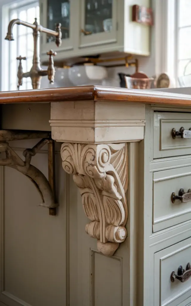 A photo of a Victorian-style kitchen with an antique kitchen island. The island has decorative corbels and antique hardware, including a faucet and handles. The background reveals other kitchen elements, such as cabinets and a window. The foreground is a closer view of the detailed corbels, which have intricate carvings.