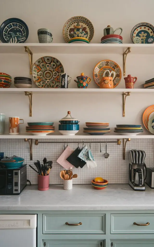 A photo of an art deco kitchen with open shelves displaying a mix of colorful ceramic or glass dishware, quirky patterned plates, etc., neatly arranged. The countertop has an attractive backsplash, appliances, etc.