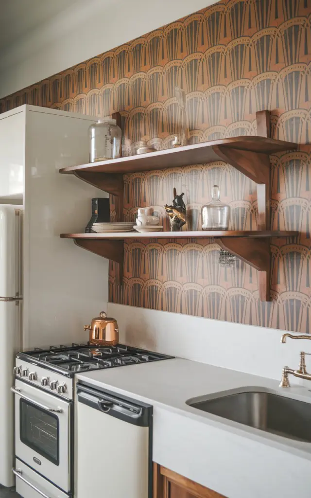 A photo of an art deco kitchen with a 2-tier wood open shelf against a wall. The wall has a Peel-and-Stick Wallpaper with a bold, geometric pattern. The shelves hold glass jars, plates, and a small sculpture. The kitchen is fully furnished, with a stove, oven, refrigerator, and sink.